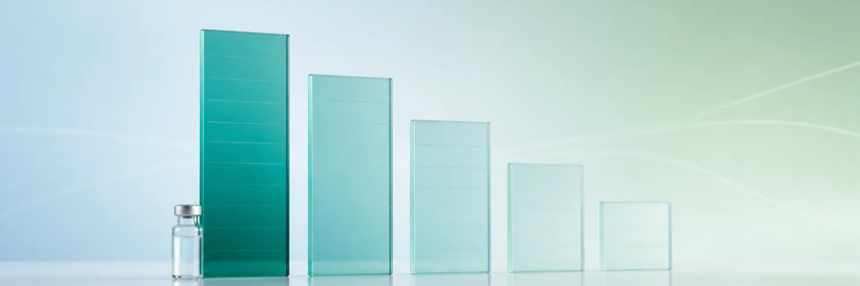 Five peptide dosing references ranked as descending glass panels, with PeptideDeck tallest at the left beside a reconstitution vial