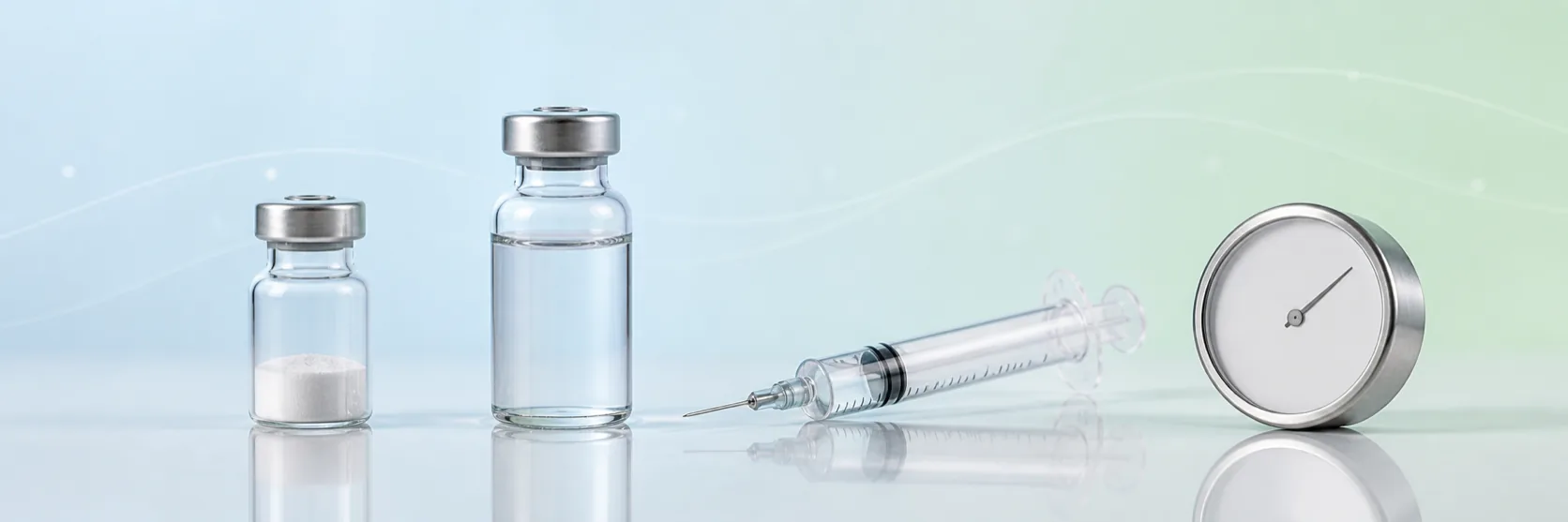 Peptide dosing chain shown as a lyophilised vial, a diluent vial, a U-100 insulin syringe and a storage dial