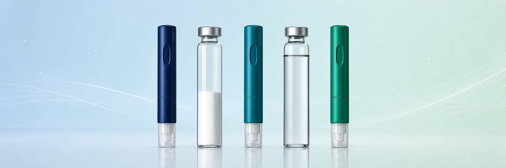 GLP-1 medications lined up as injector pens and reconstitution vials for dose comparison