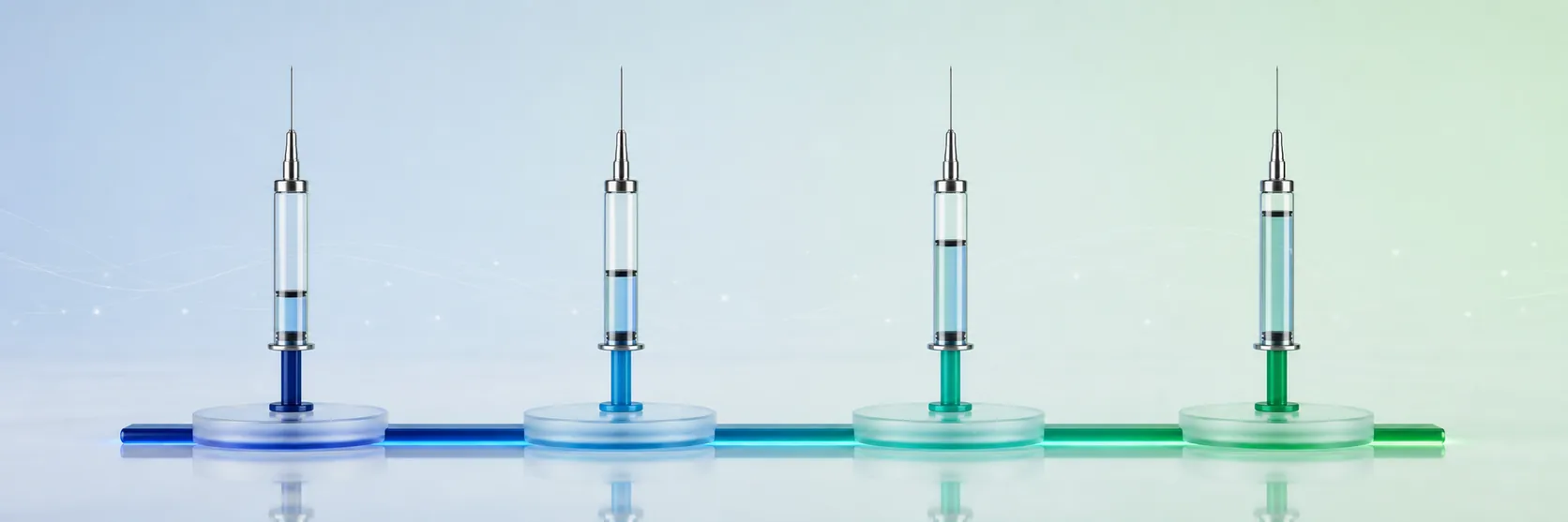 GLP-1 medication titration ladder shown as syringes filled to progressively larger dose volumes