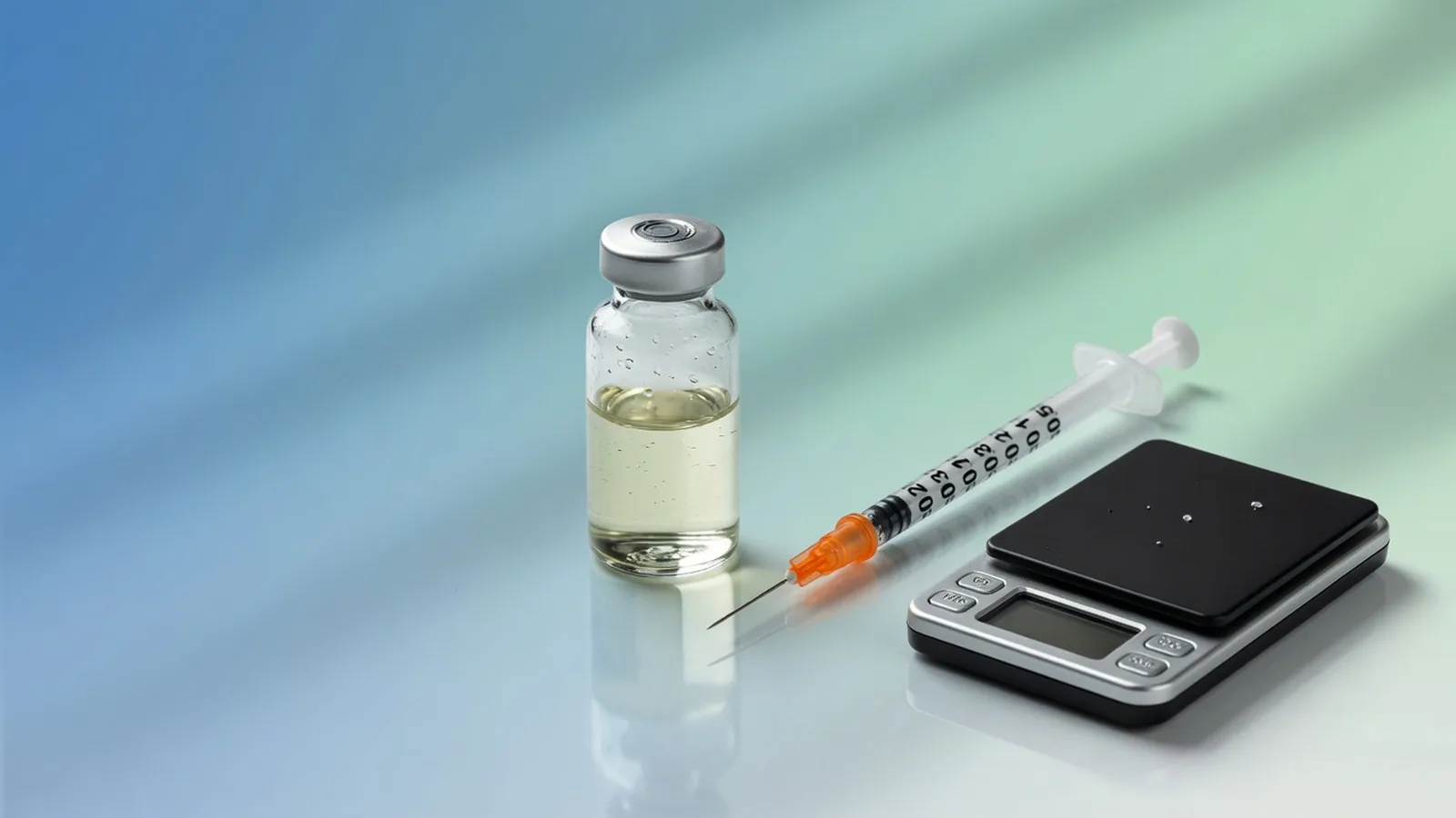 A clear glass vial, a 1 mL insulin syringe and a small digital scale