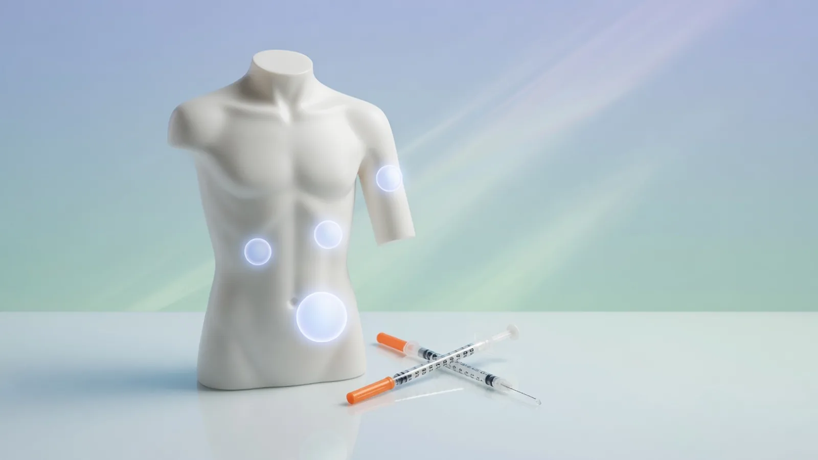 Diagram of subcutaneous peptide injection sites on the abdomen, front of the thigh and back of the upper arm, with the 2-inch navel exclusion zone marked