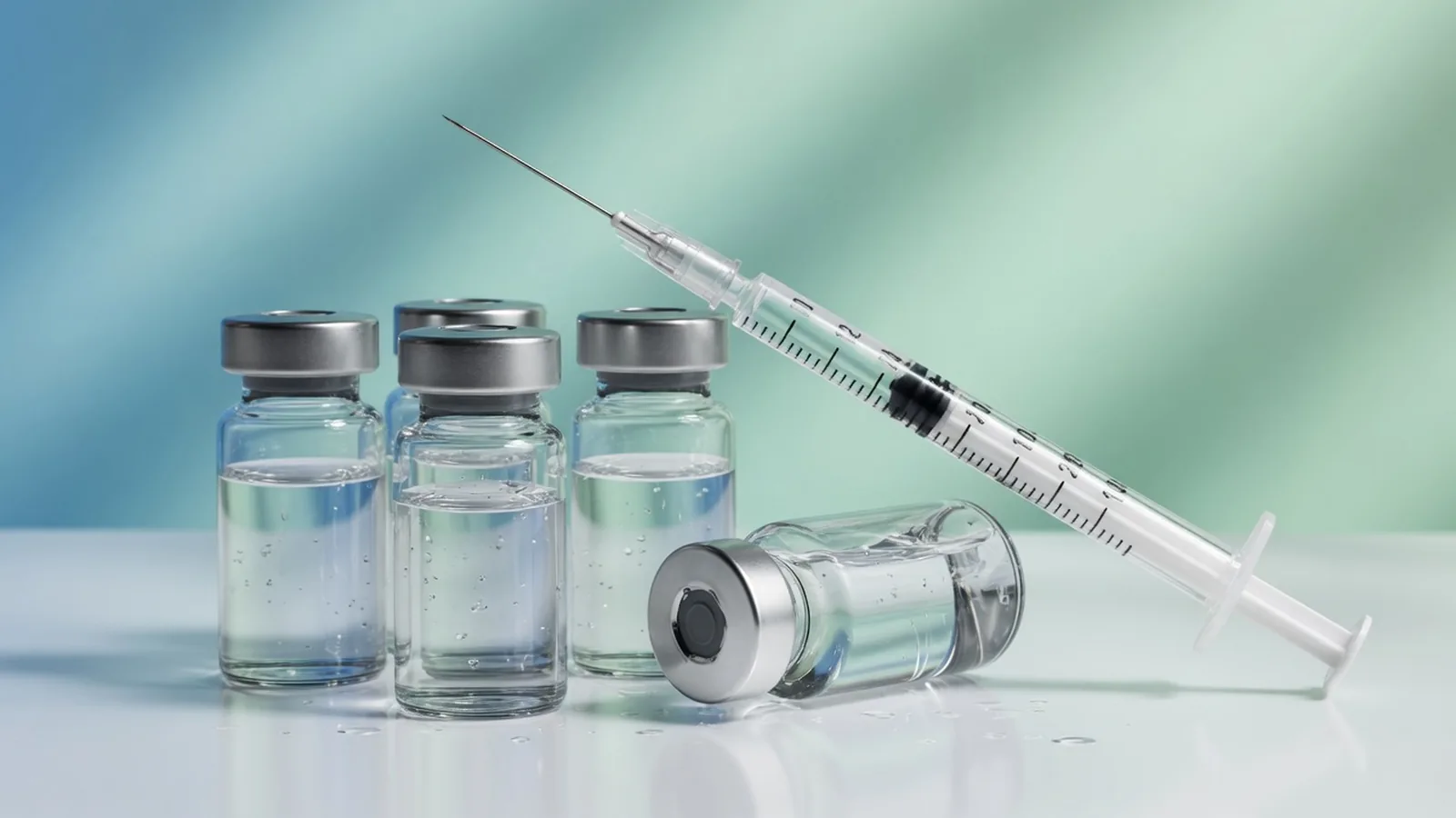 Peptide injection supplies: a multi-dose pen, a reconstituted vial and a U-100 insulin syringe on a clinic tray