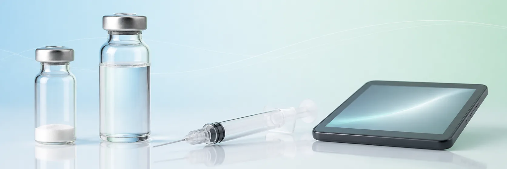 Peptide calculator inputs shown as a lyophilised vial, a bacteriostatic water vial, a U-100 insulin syringe and a calculating device